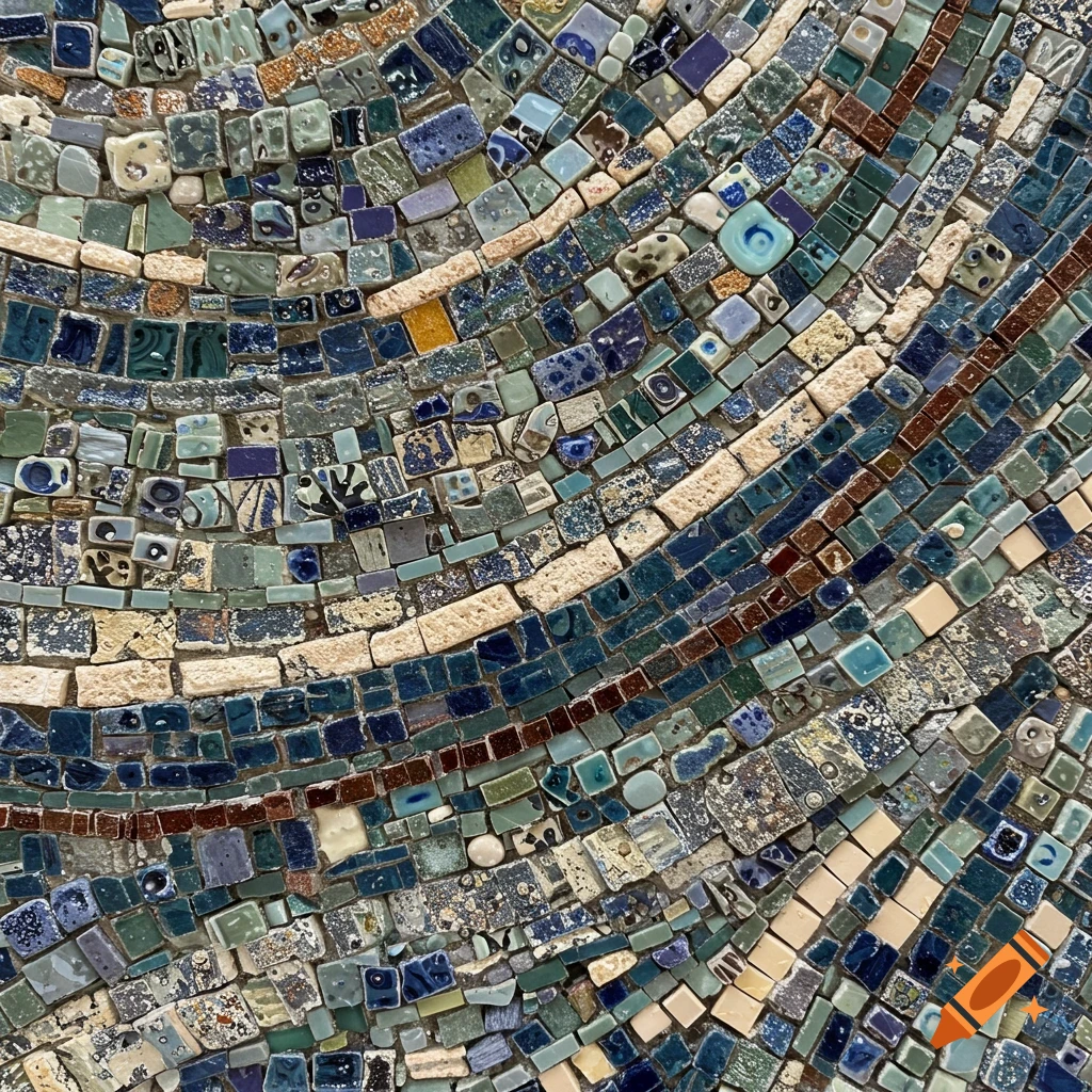 Close-up of a detailed mosaic with blue, green, brown, and cream tiles arranged in curved lines.