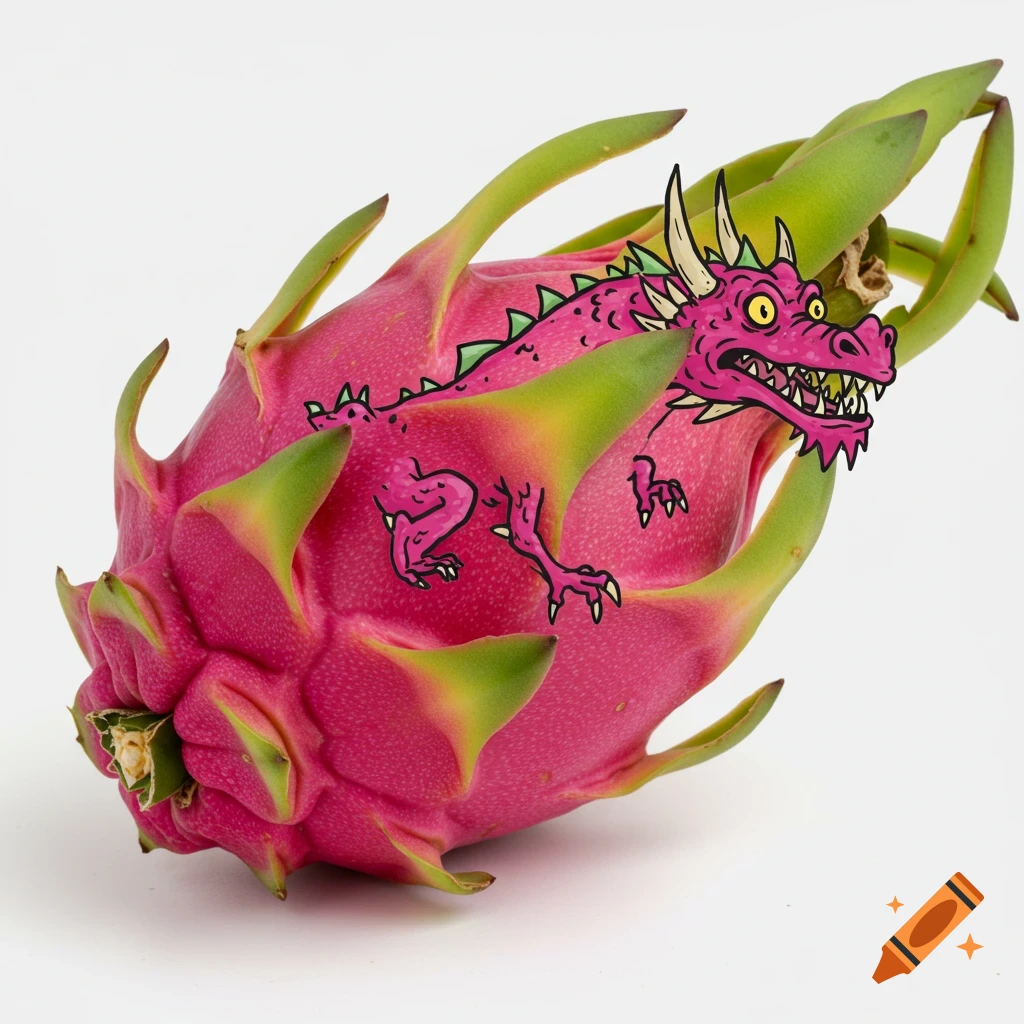A bad cartoon drawing of a pink dragon perched on a dragon fruit.