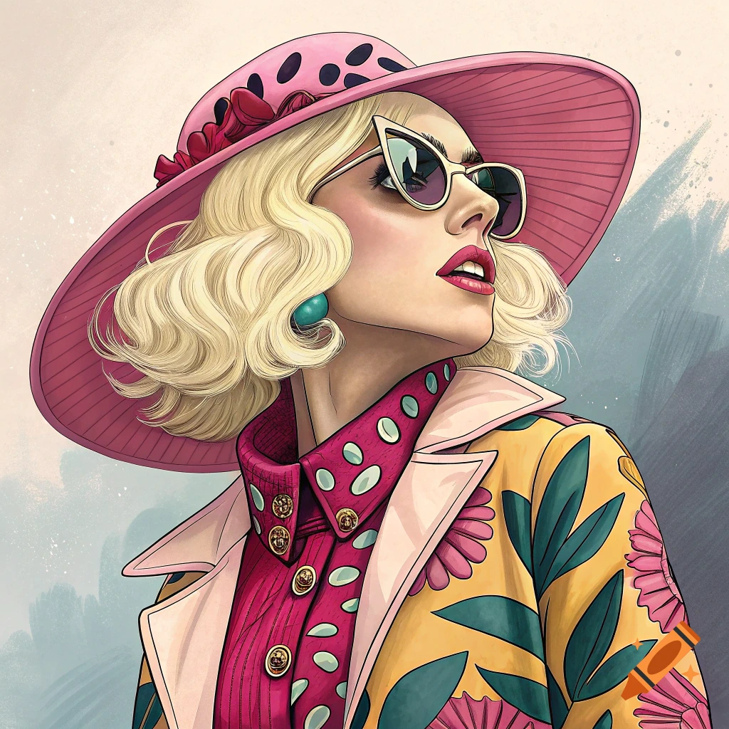 Illustration of a woman in a large pink hat, sunglasses, pink shirt, and floral yellow coat.
