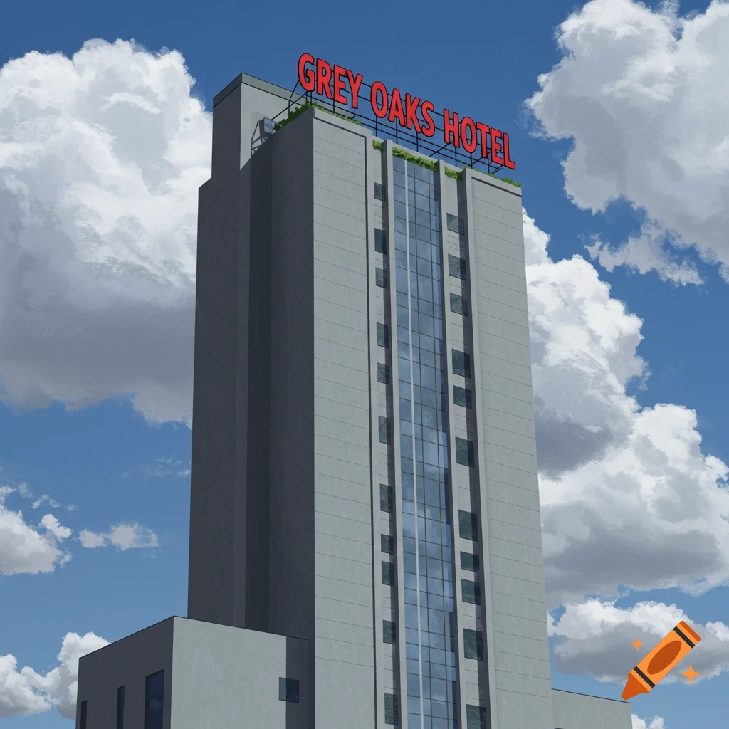 A tall grey building with a large red sign reading 'GREY OAKS HOTEL' against a cloudy blue sky.