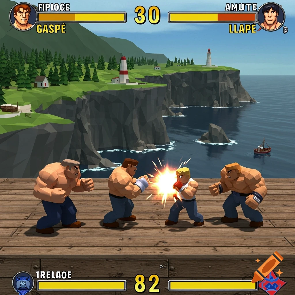 Screenshot of a 3D fighting game with blocky characters on a dock overlooking cliffs and the sea, PS2 graphics style.