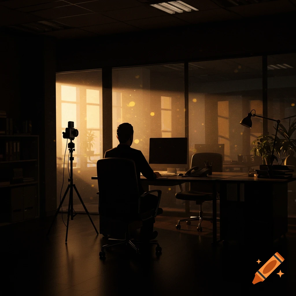 A person sits at a desk in a dark office, silhouetted against a sunlit window with dust particles.