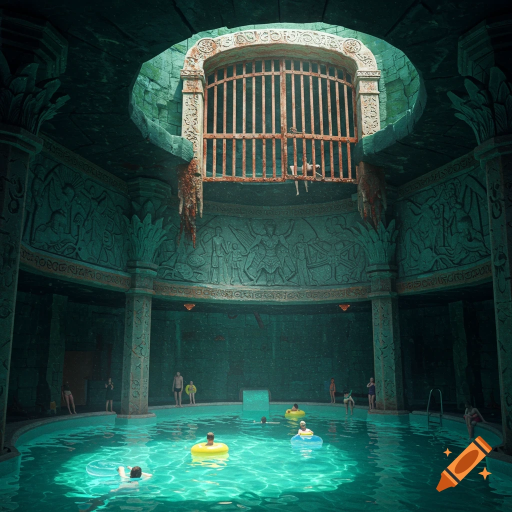 Swimming pool inside ancient stone temple with carvings and people swimming