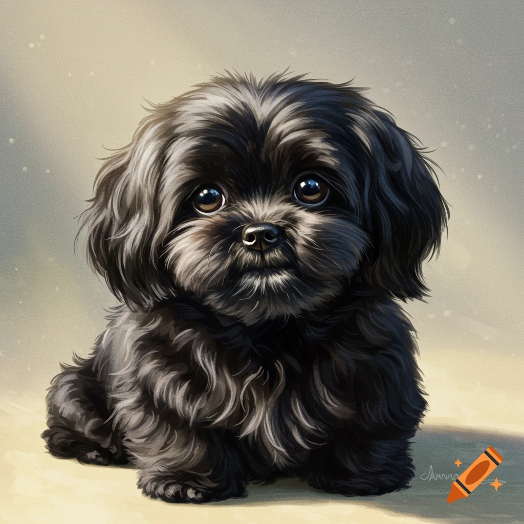 A cute black Lhasa Apso puppy sitting