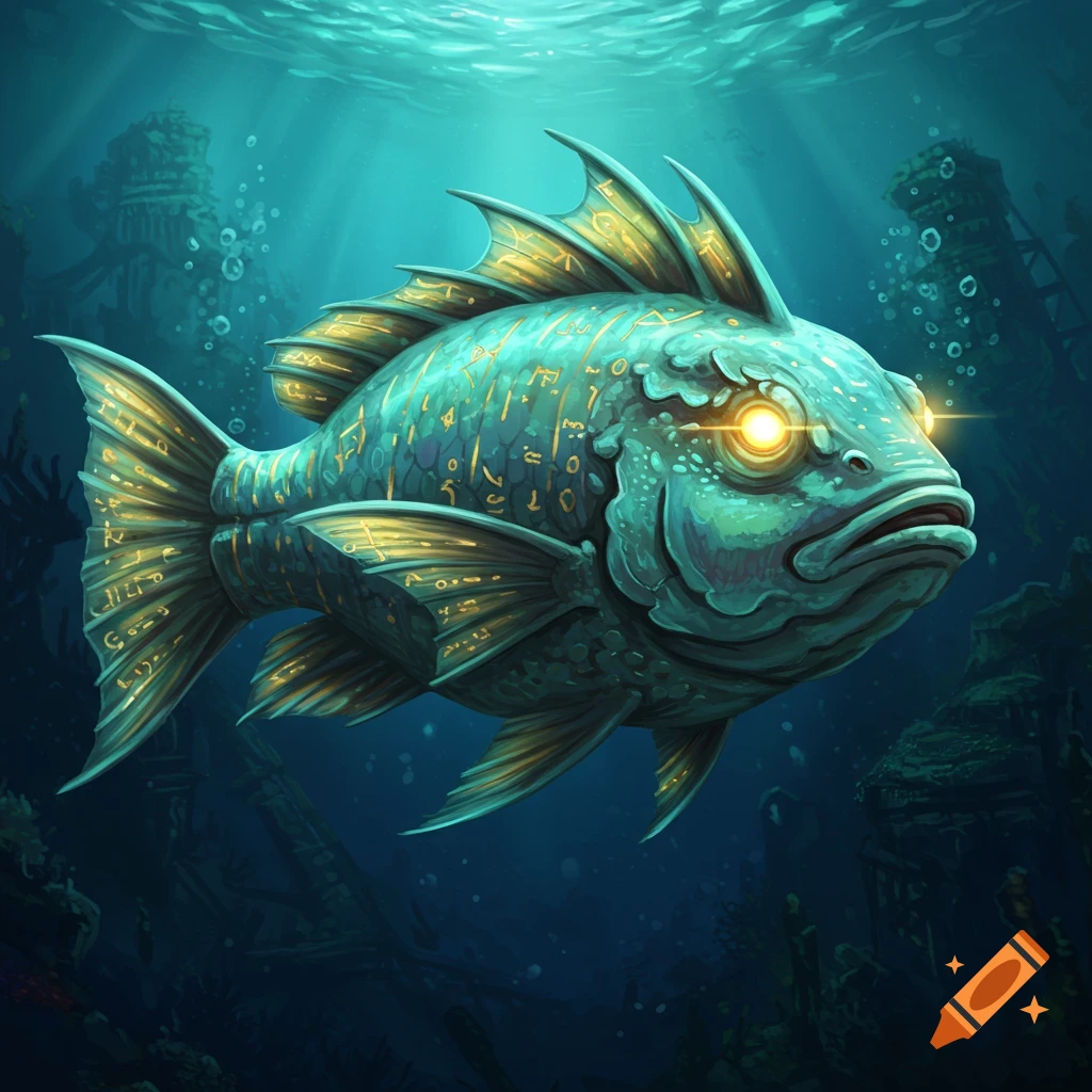 A stylized fish covered in golden runes, swimming underwater among ruins with glowing eyes.