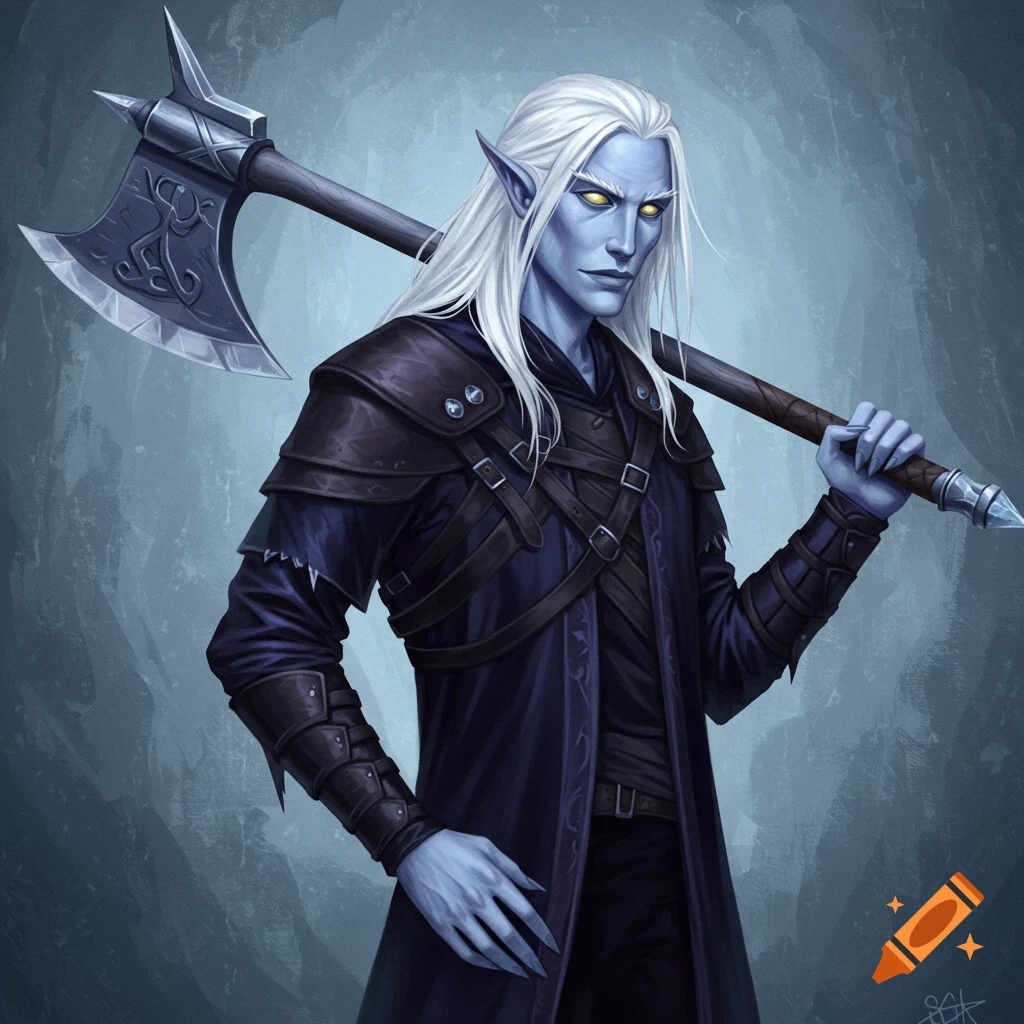 A blue-skinned fantasy character with white hair is holding a large axe over his shoulder.