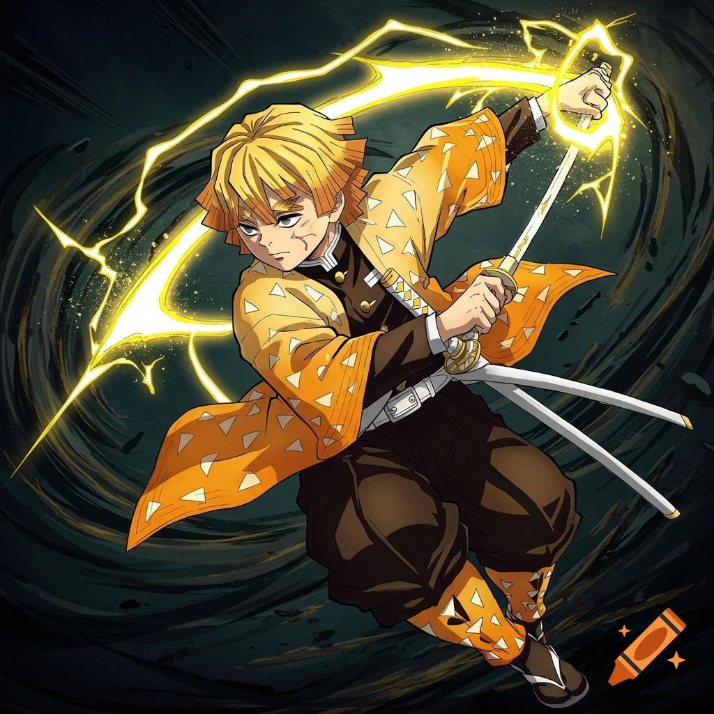 Anime character Zenitsu using thunder breathing technique with lightning effects