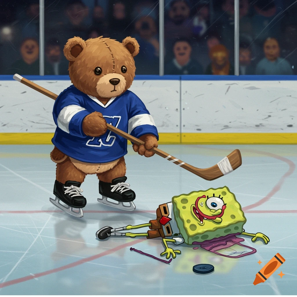 A teddy bear in hockey gear stands triumphantly over a defeated Spongebob Squarepants on an ice rink.
