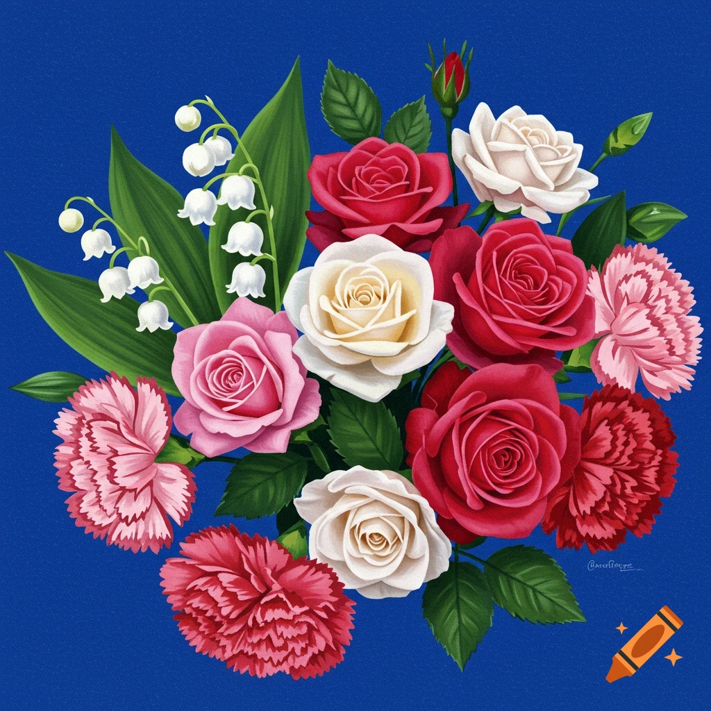 A bouquet with roses, carnations, and lily of the valley flowers on a blue background.