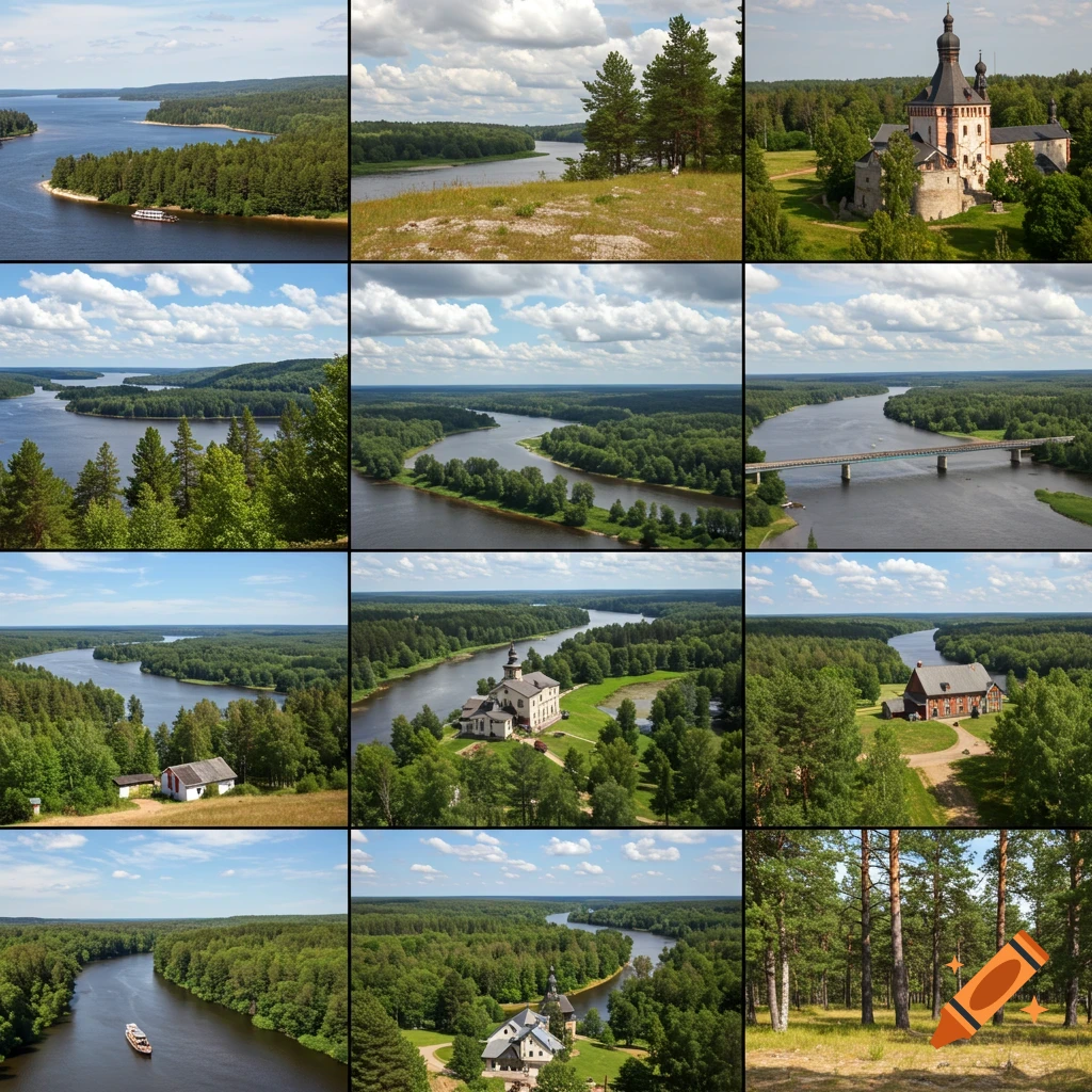 A collage of photographs showing views of rivers, lakes, forests, a castle-like building, and a house.