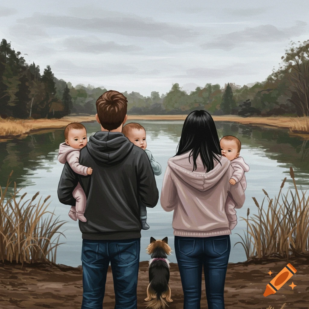 A family with two babies and a dog looking out over a lake.