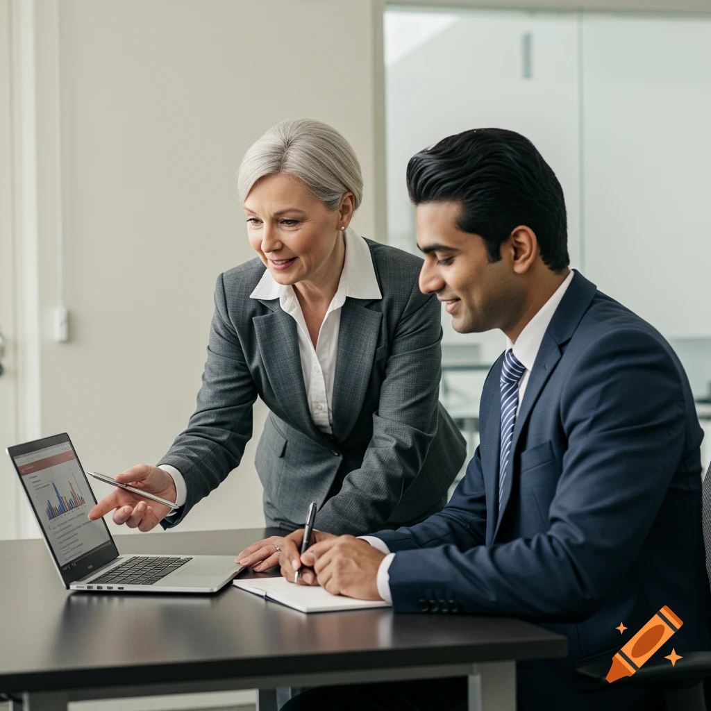 Two business people look at charts on a laptop screen.