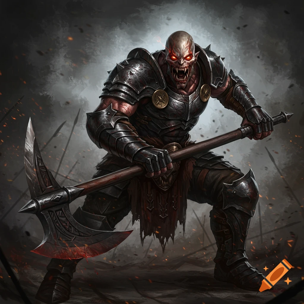 A fearsome monster in dark armor with red eyes wielding a large axe.