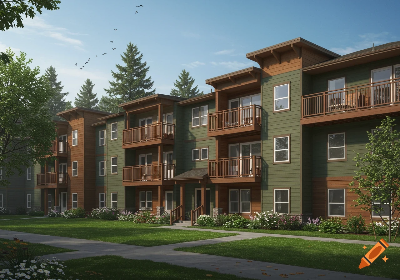 Realistic photo of a suburban apartment complex with green and brown siding, balconies, trees, and a grassy lawn.