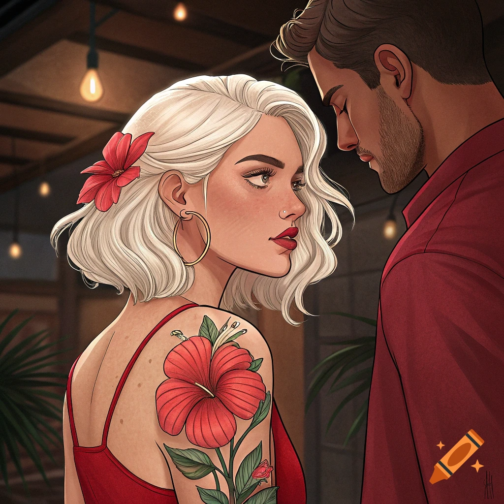 Illustrative portrait of a blonde woman with a hibiscus tattoo looking away from a man.