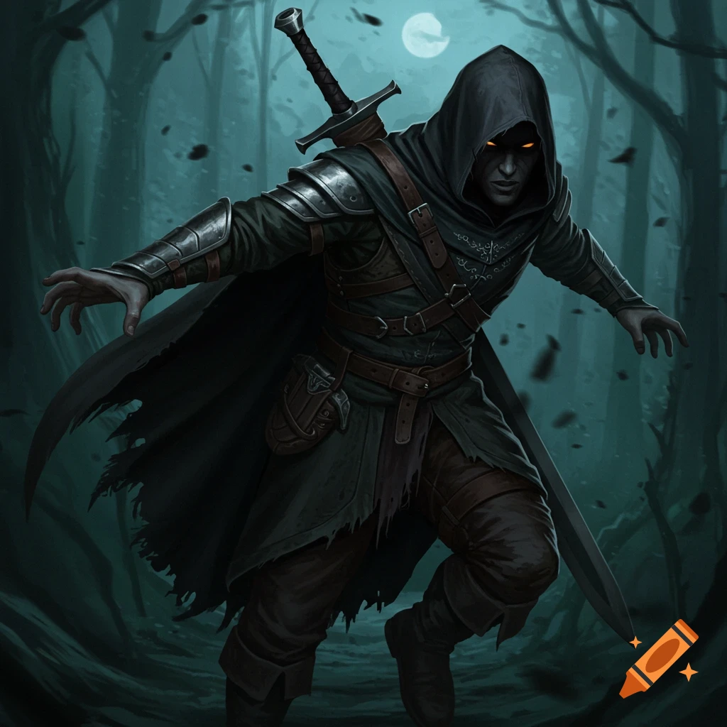 A dark hooded ranger with glowing eyes reaches for a sword on their back while running through a dark forest at night.