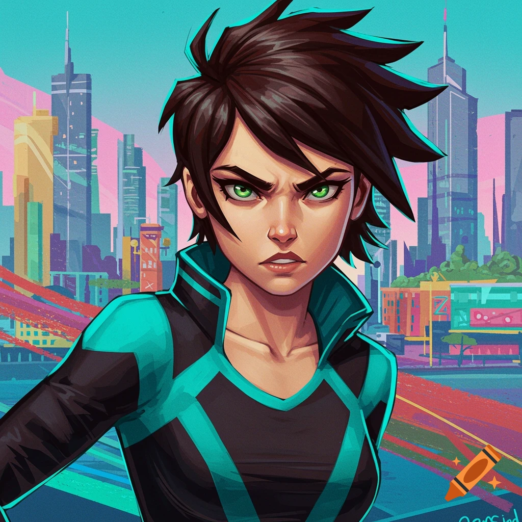Young woman with short brown hair and green eyes in a black and teal outfit against a vibrant cityscape, anime style.