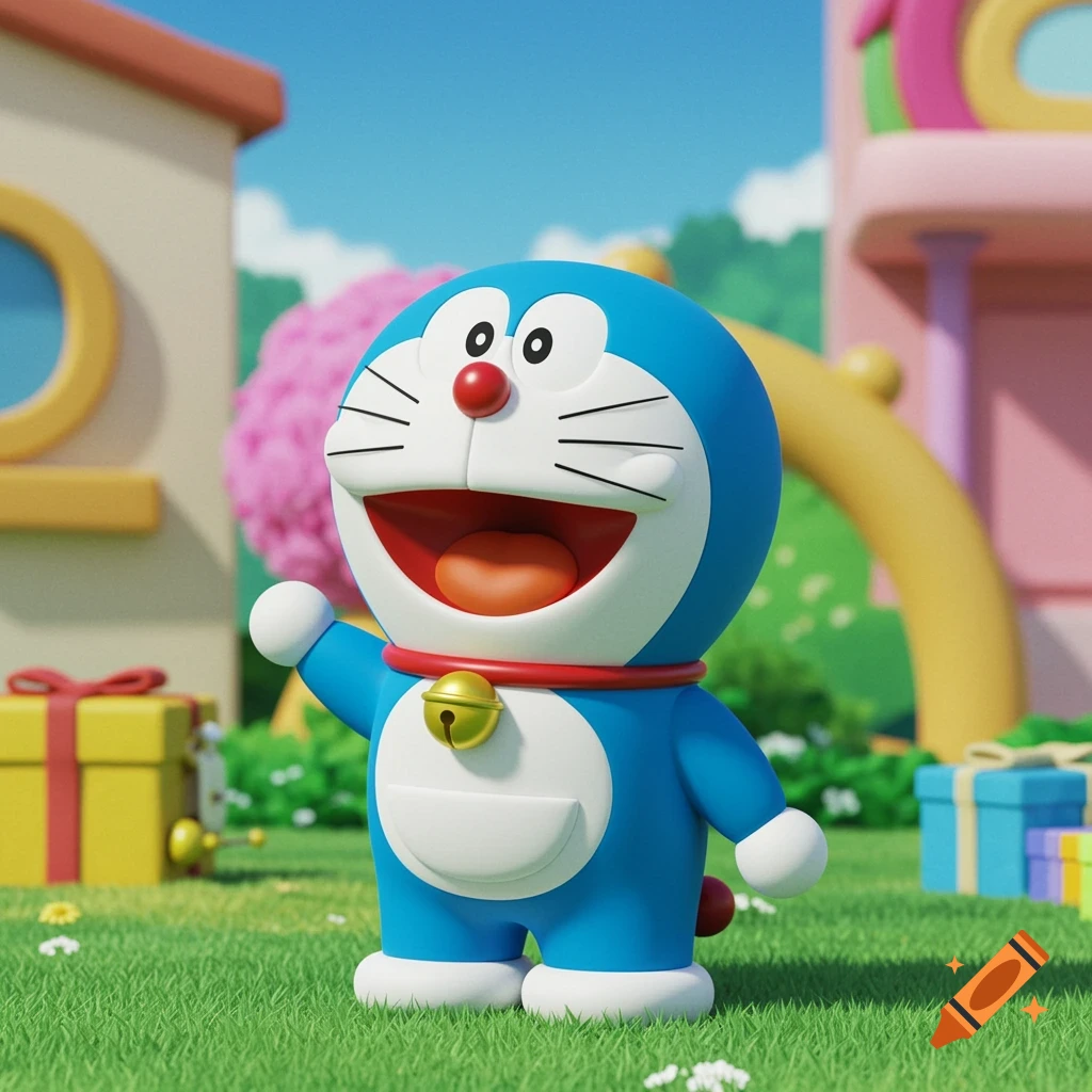 A 3D rendering of Doraemon standing in a garden with a cheerful expression and raised hand.