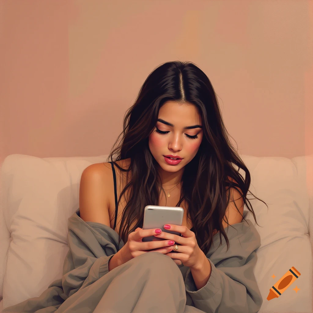 A woman is looking at her phone on a bed.