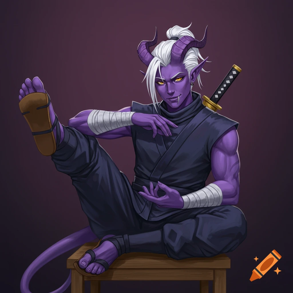 A purple-skinned male tiefling in ninja gear is sitting and looking at the viewer with a sensual expression.