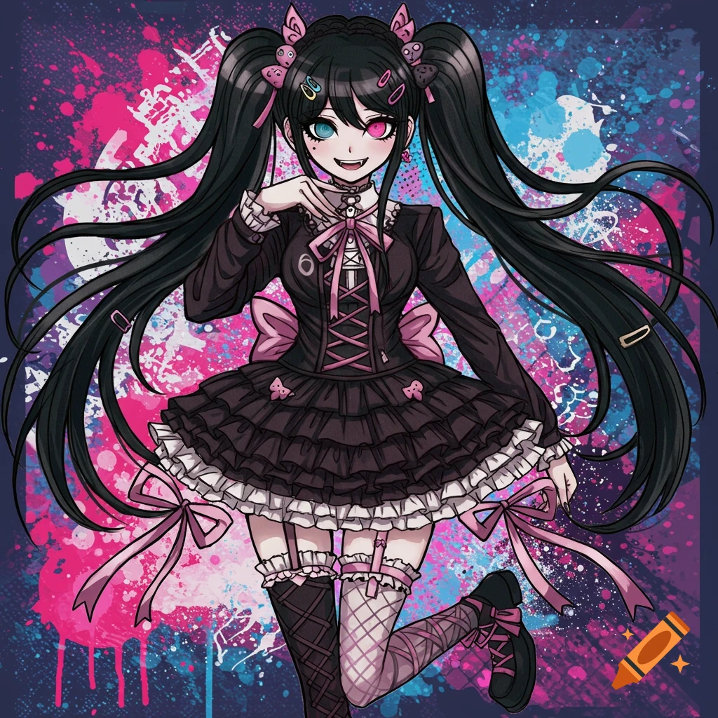 Anime girl with black pigtails, heterochromia eyes, wearing a black gothic lolita dress with pink bows against a splatter background.