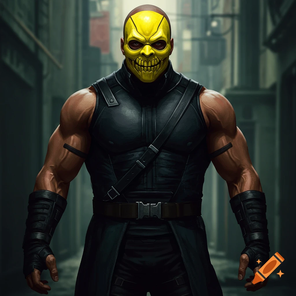 A strong man in a yellow mask and black tactical outfit stands in an urban alleyway.