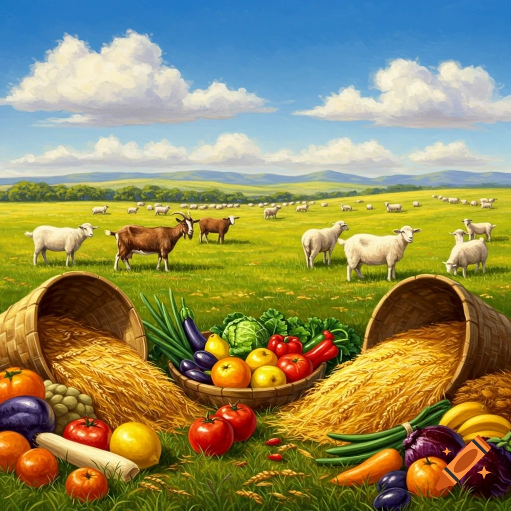 Sheep and goats in a field with baskets of grain and produce