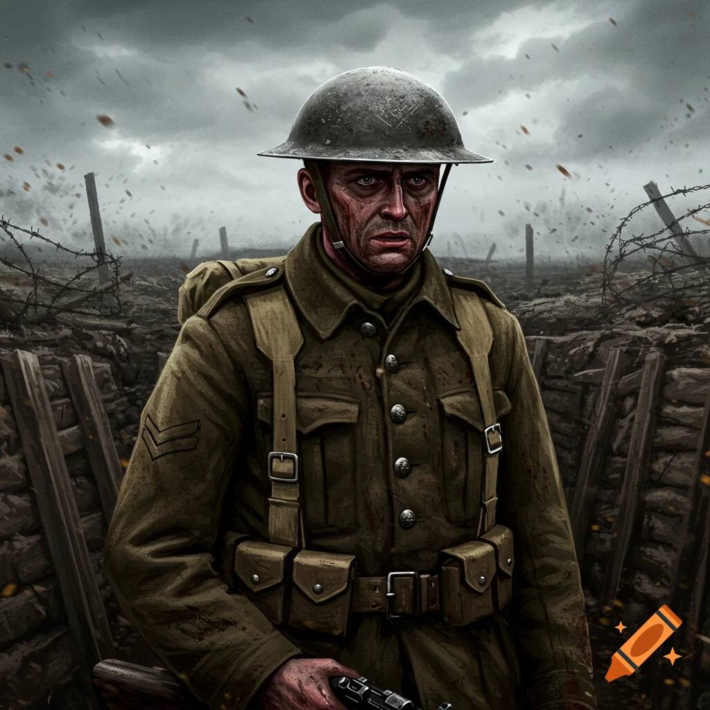 A World War 1 soldier is in a trench under a stormy sky.
