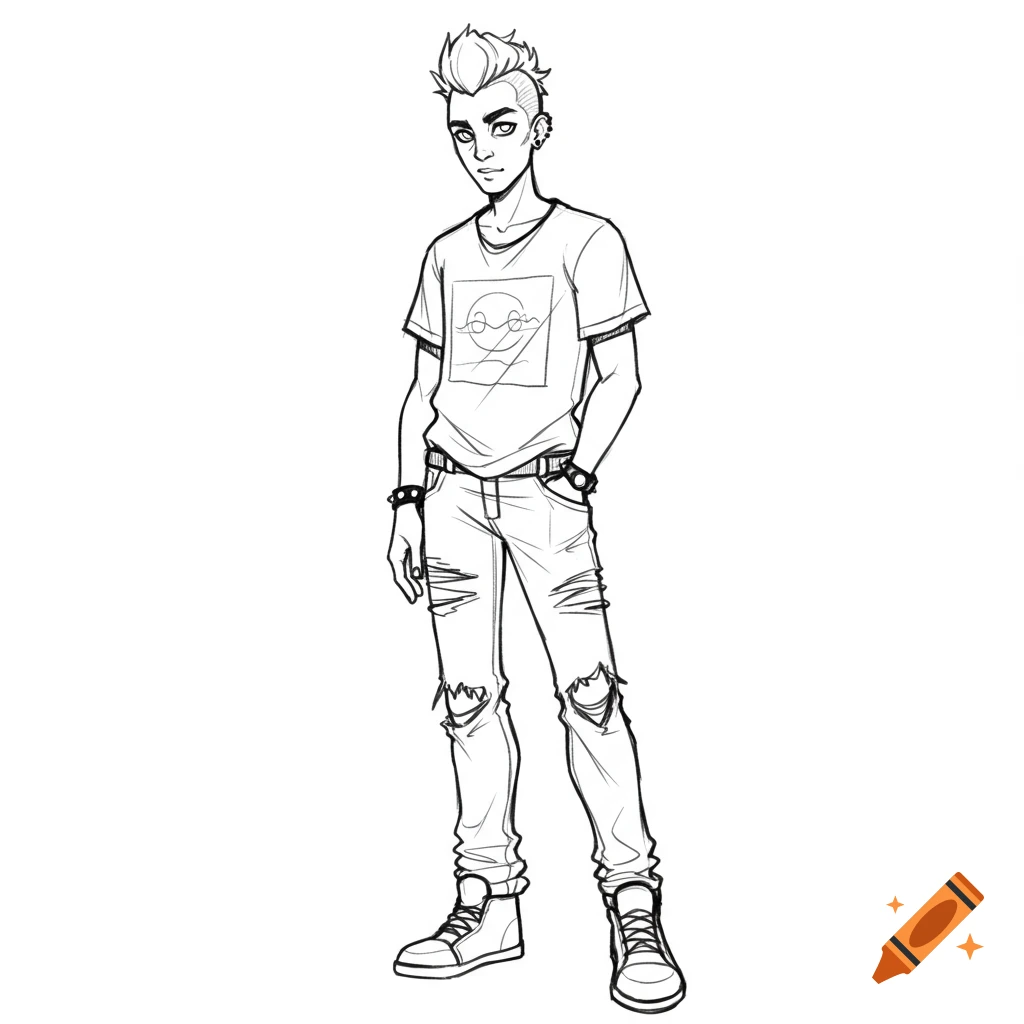 Sketch of a standing person with a mohawk and ripped jeans.
