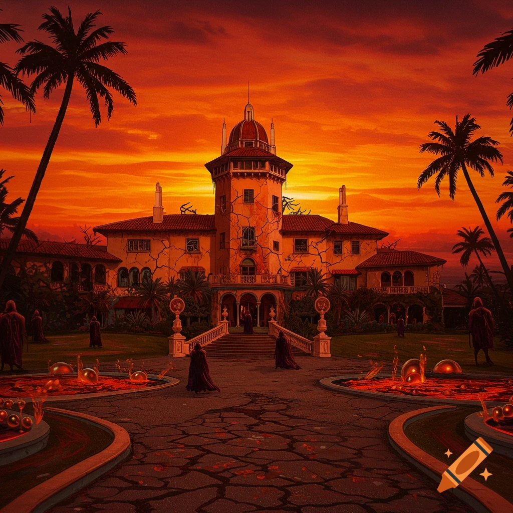 A hellish, cracked mansion with dark figures under a fiery sunset.