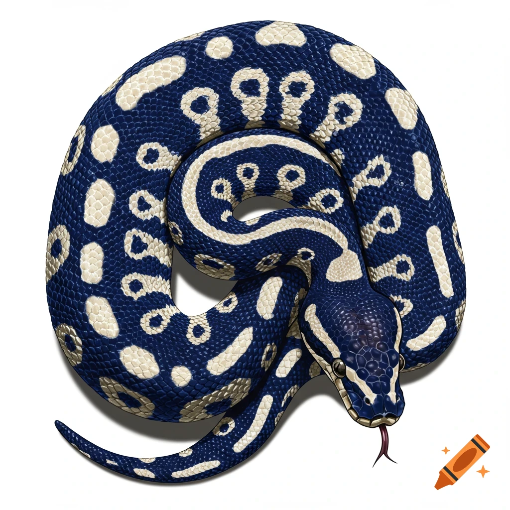 A coiled python with dark blue and white patterned skin.