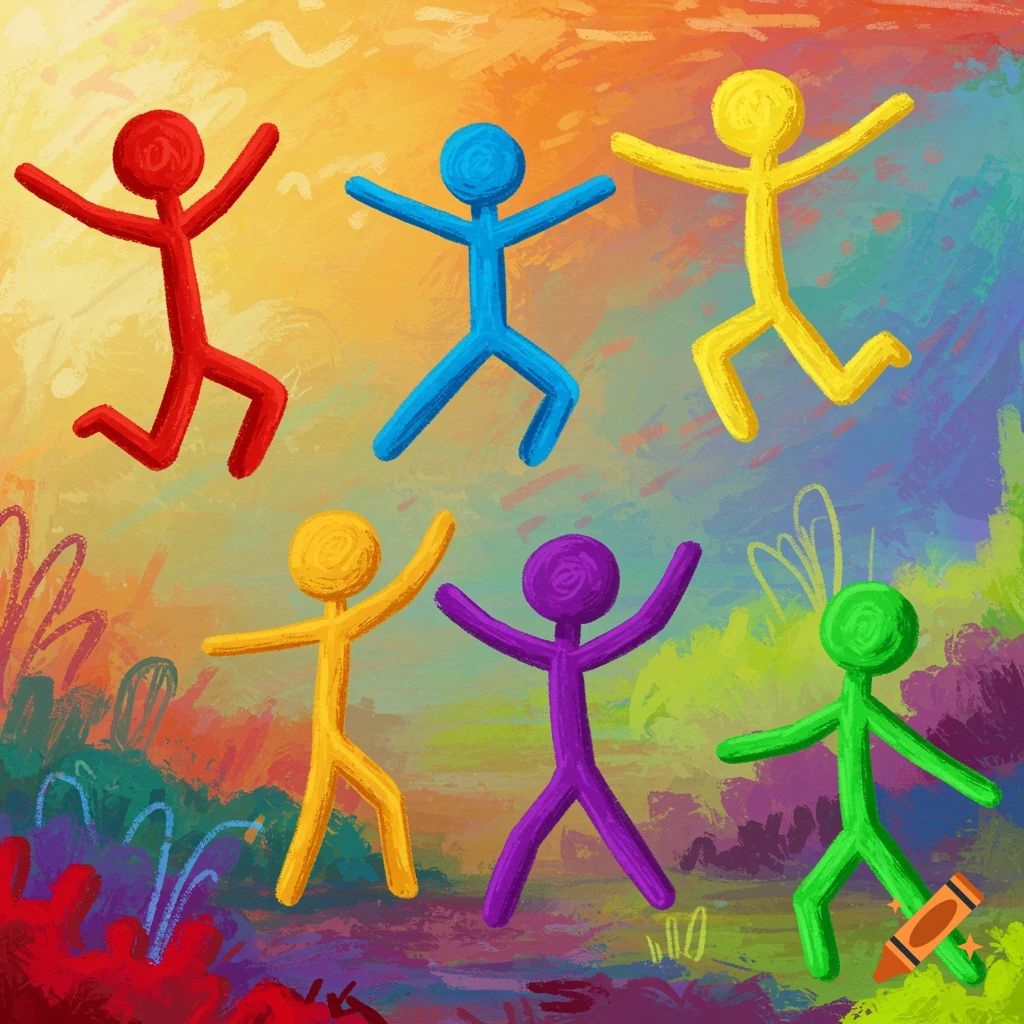 Colorful stick figures dance and jump on a vibrant, abstract background.