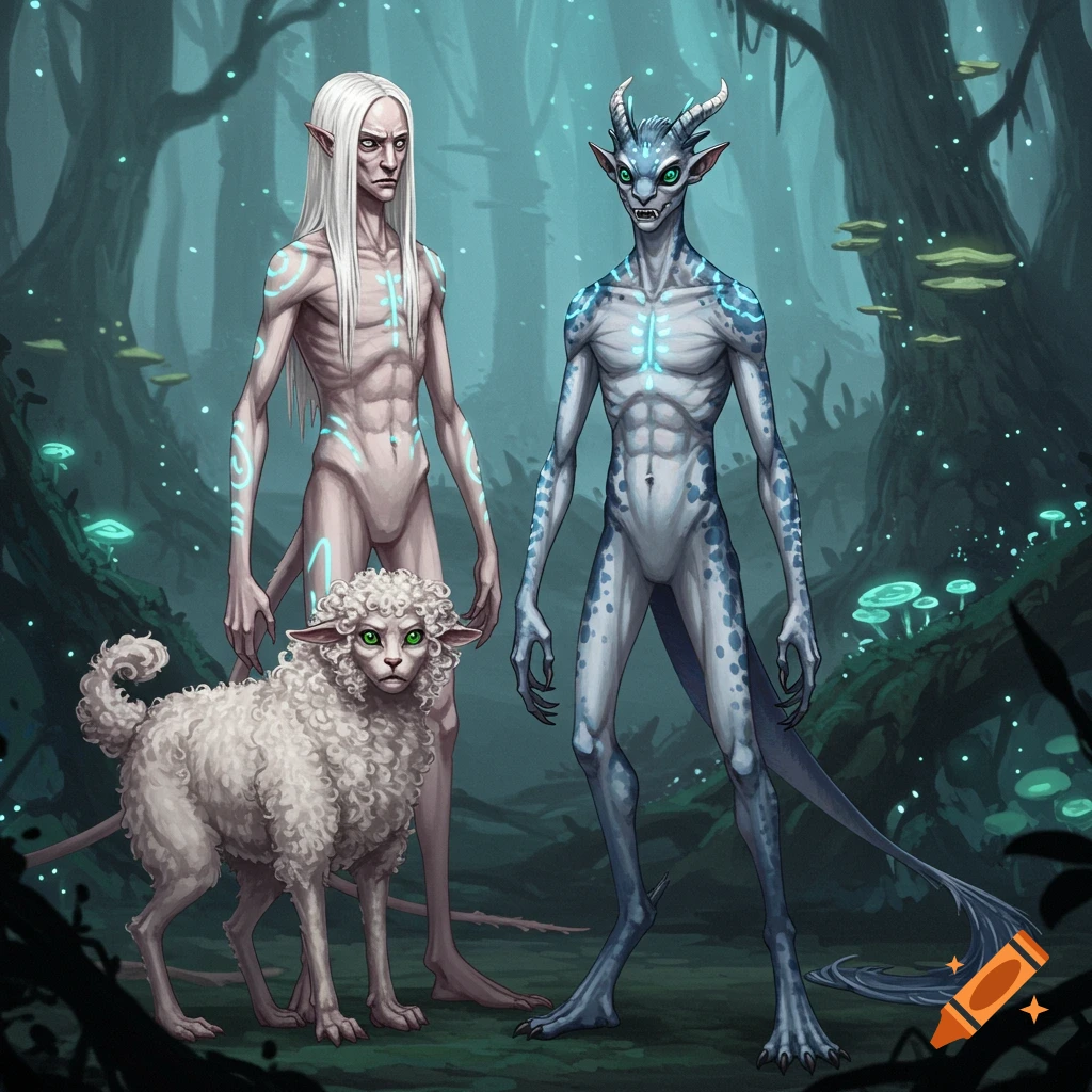 Fantasy creatures and a lamb in a bioluminescent forest.
