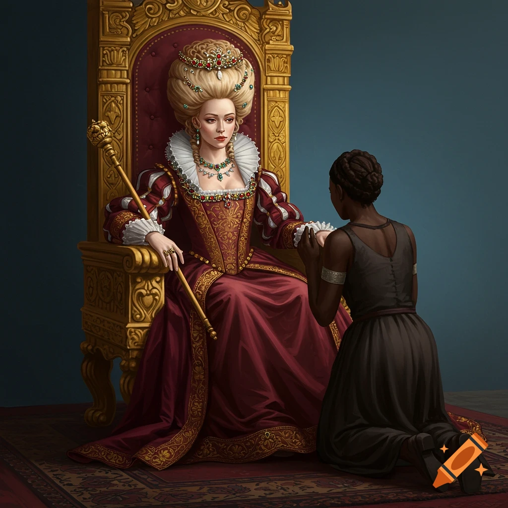 Painting of a queen on a golden throne with a kneeling woman.