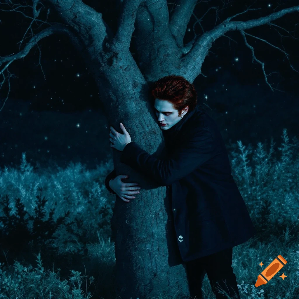 Person with reddish hair hugging a tree at night in a field.