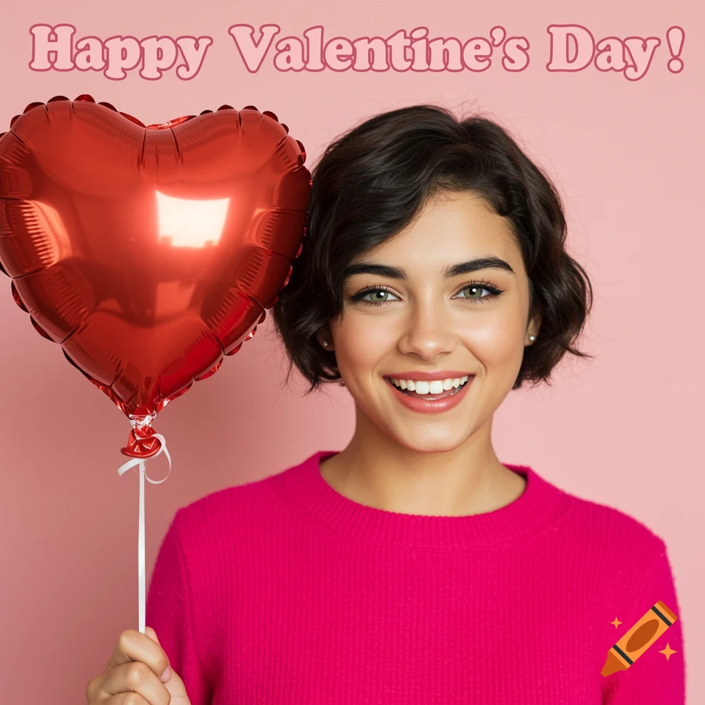 A smiling woman in a pink sweater holds a red heart balloon under 'Happy Valentine's Day!' text.