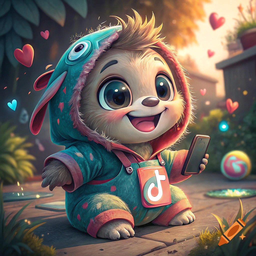 Cute cartoon animal character in a hooded outfit holding a phone with a social media logo, sitting outdoors.