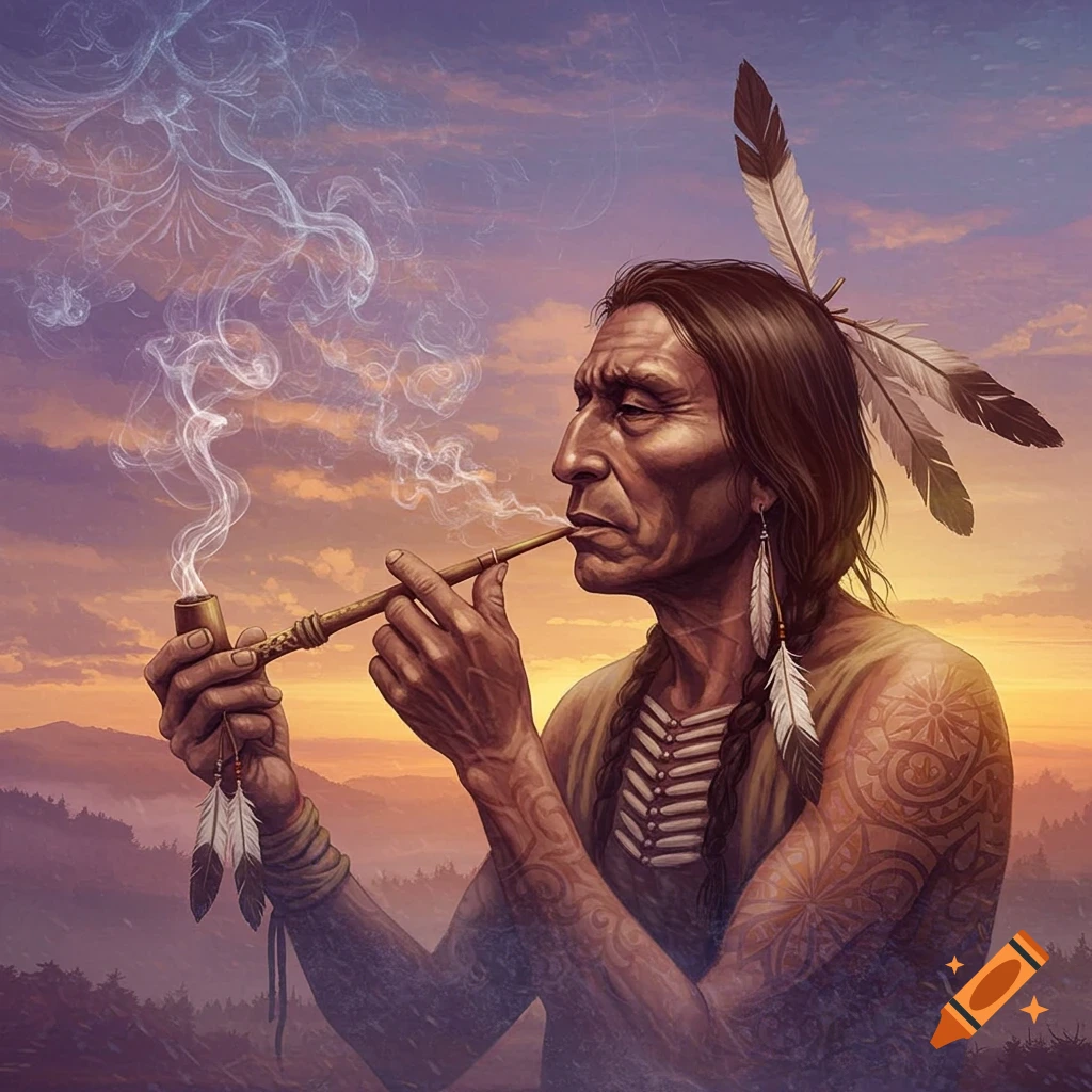 Image of Native American man smoking pipe at sunset
