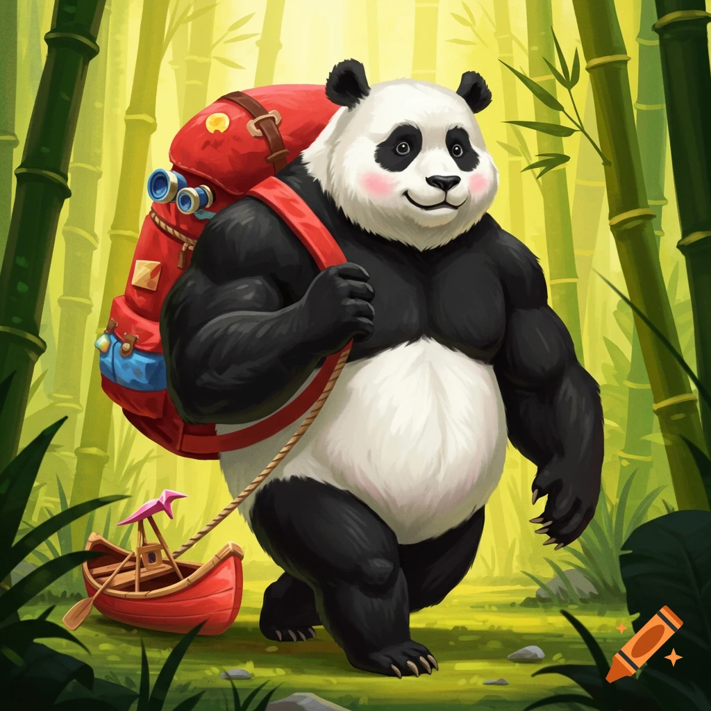 A muscular panda with a backpack drags a small canoe through a bamboo forest.