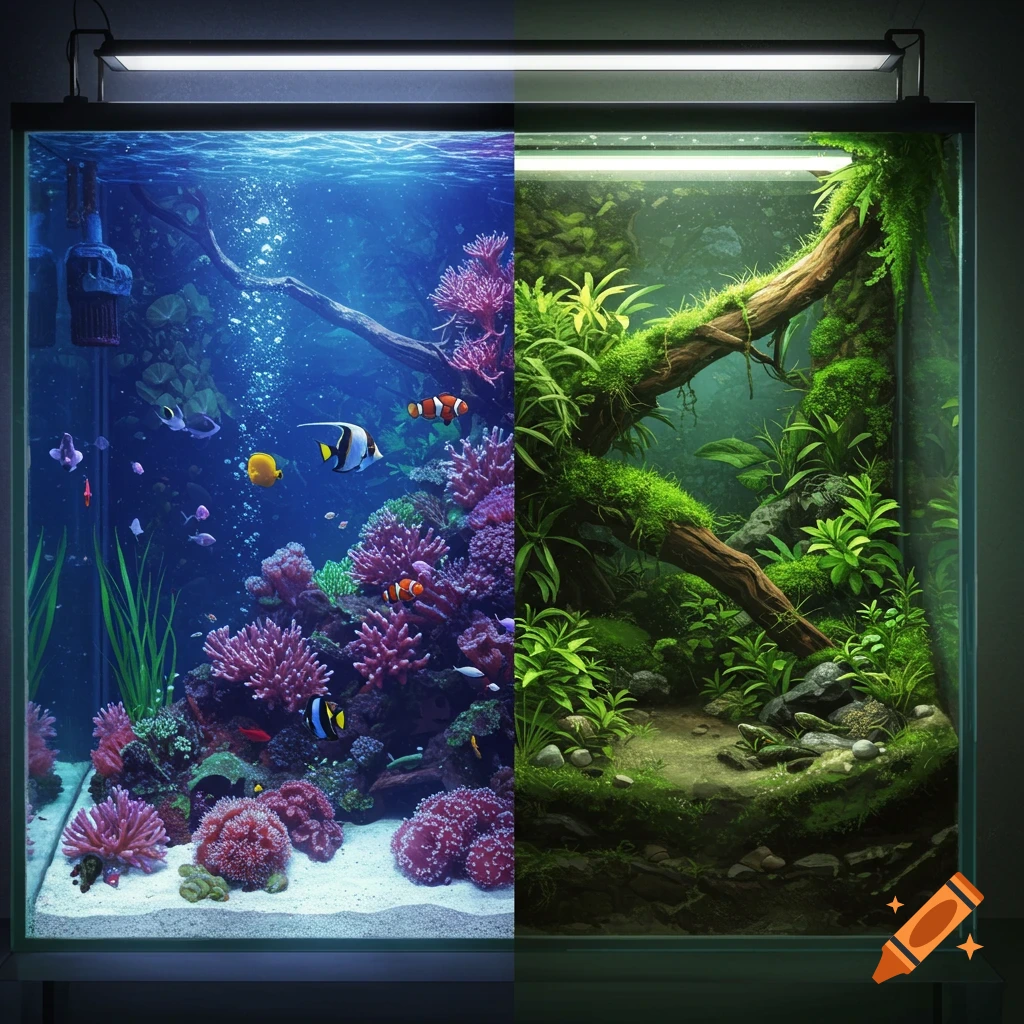 Split image of a realistic aquarium with fish and coral next to a lush planted terrarium.