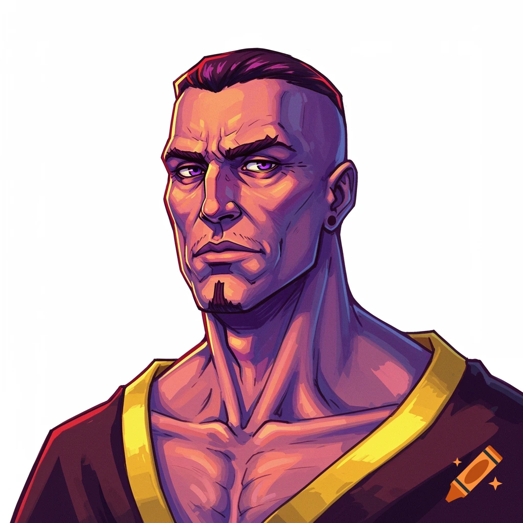 Stylized digital portrait of a purple-skinned man with a mohawk, goatee, and purple eyes, wearing a dark robe with gold trim.