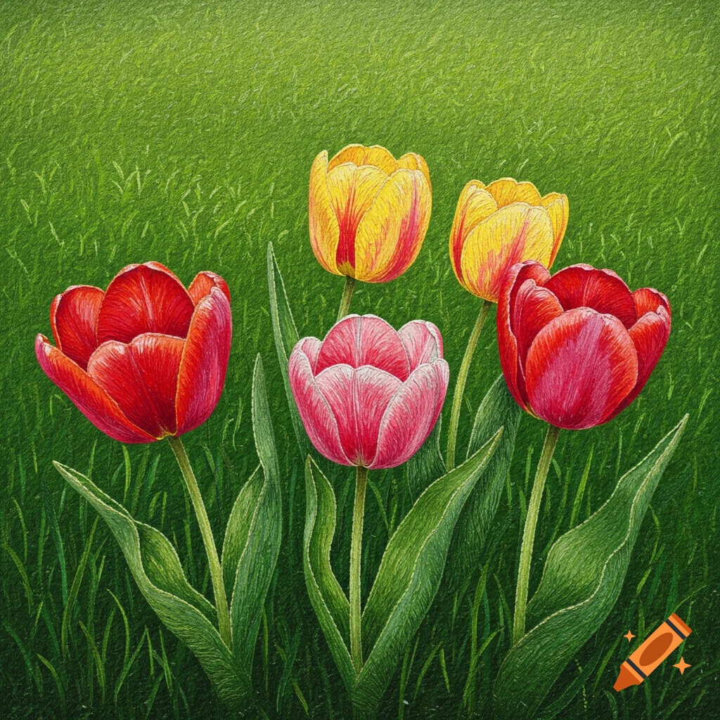 Embroidery of red, pink, and yellow tulips in green grass.