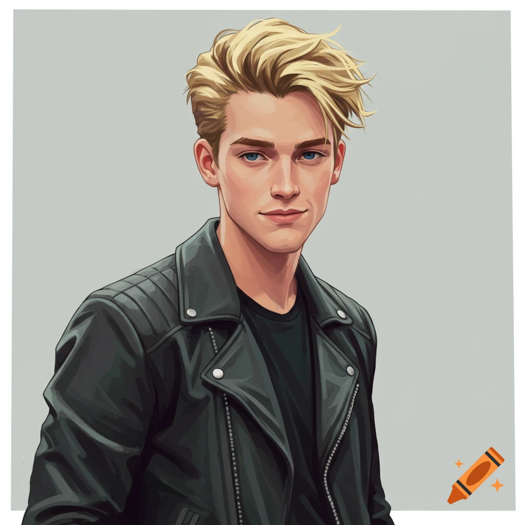 A young man with blonde hair wearing a black leather jacket.