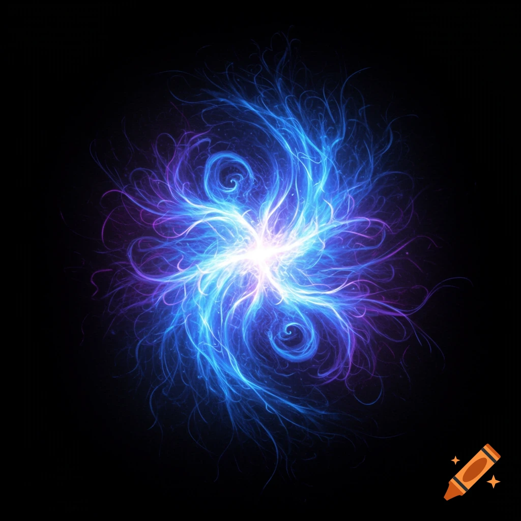 A swirling abstract fractal pattern of glowing blue and purple energy on a black background.