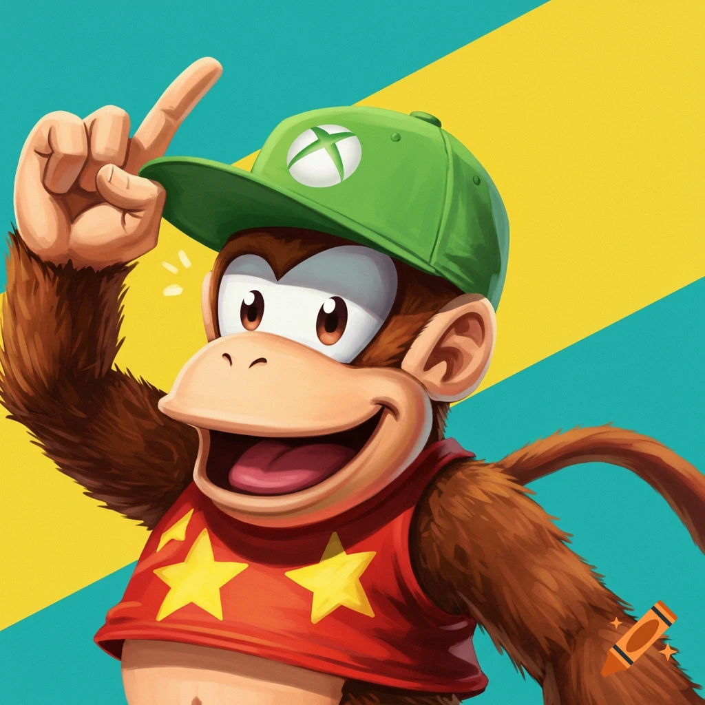 Diddy Kong in a green hat with an Xbox logo and red tank top, pointing up.