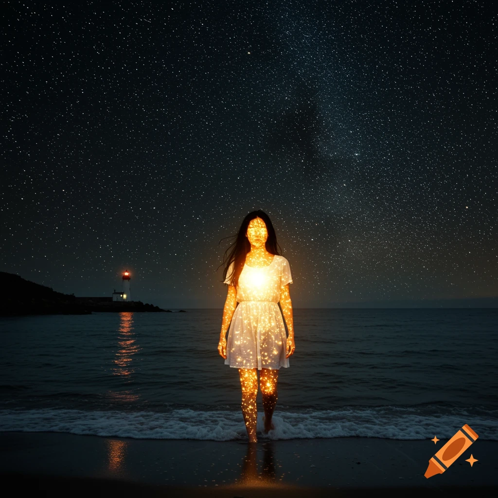 A luminous woman stands on a beach at night under a starry sky, with a lighthouse in the distance.