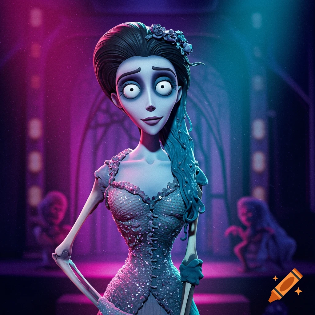 A character resembling the Corpse Bride on a stage under purple and blue lights.