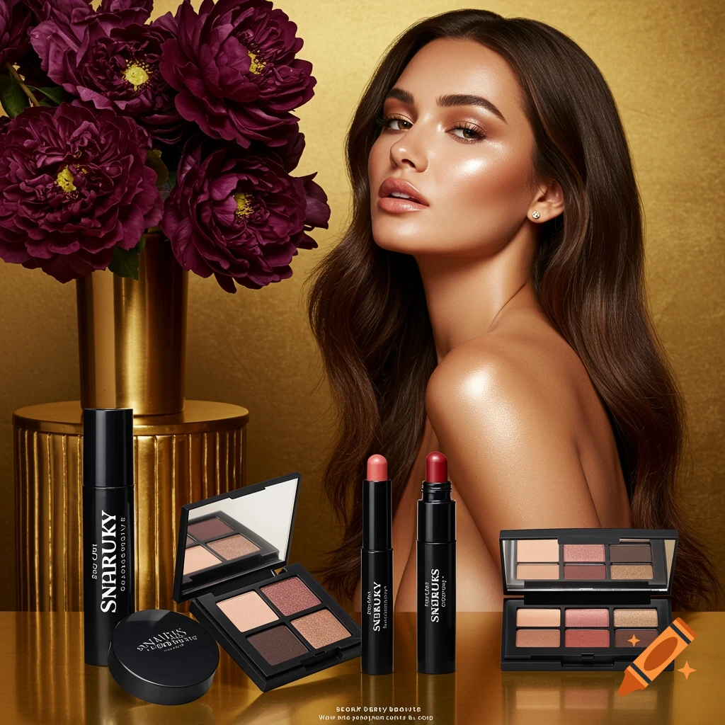Glamorous photo of a model with bare shoulders beside cosmetics products, deep maroon flowers, and a gold background.