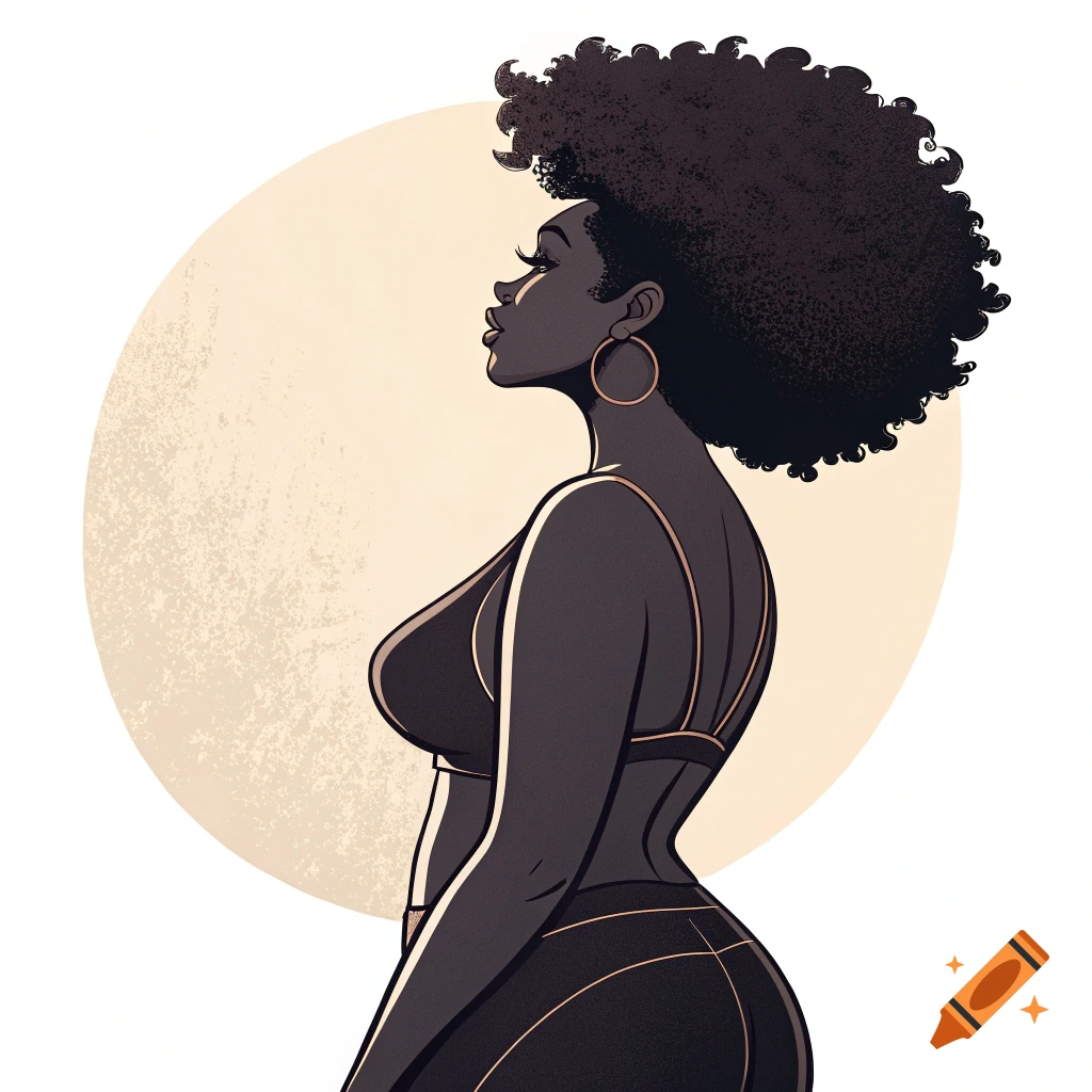 Stylized illustration of a woman with a large afro and hoop earrings in workout gear.