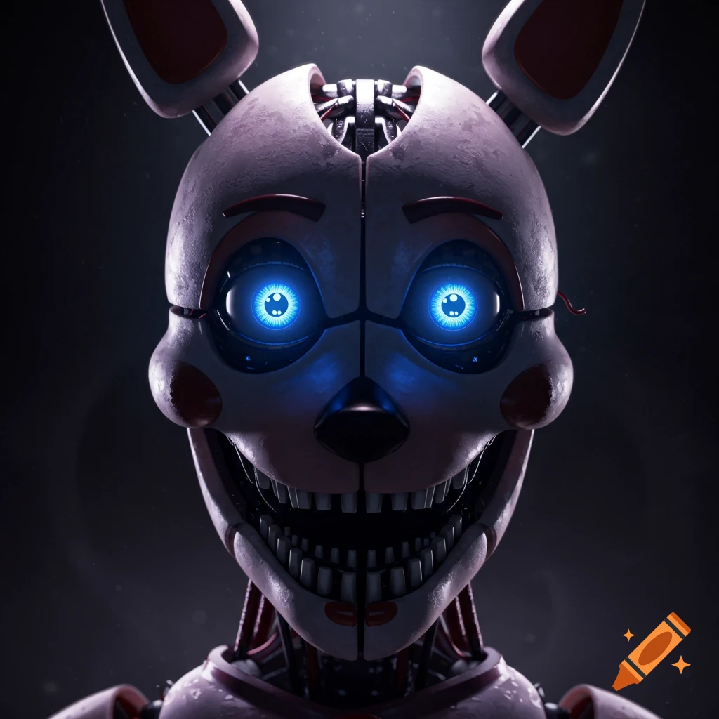 Close-up portrait of a creepy animatronic robot with glowing blue eyes and a wide smile, showing internal details.